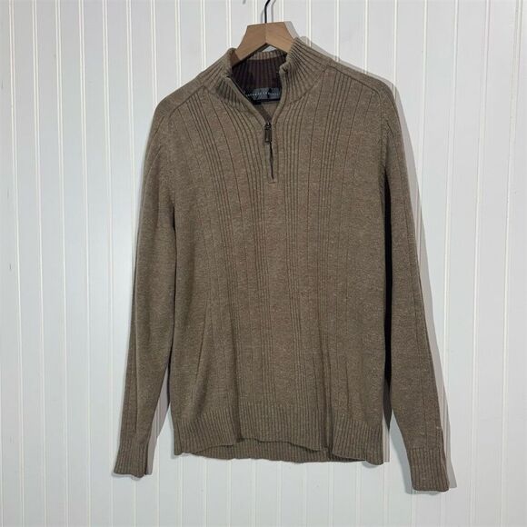 Oscar de la Renta Men’s Sweater XL Half Zip Taupe Ribbed Cotton Blend Pullover - Picture 1 of 9